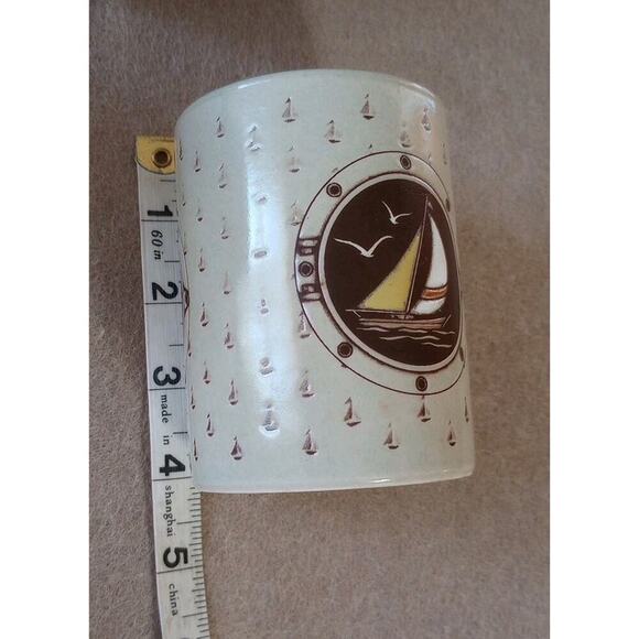 OTAGIRI Vtg SAILBOAT Mug Set Of 4 Hand painted Stoneware In Box Stickers 70s 80s - Picture 5 of 6